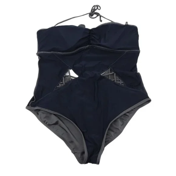 Y2K apostrophe Metallic Gray Cutout Halter Convertible Swimsuit Size L Backless - Picture 6 of 9